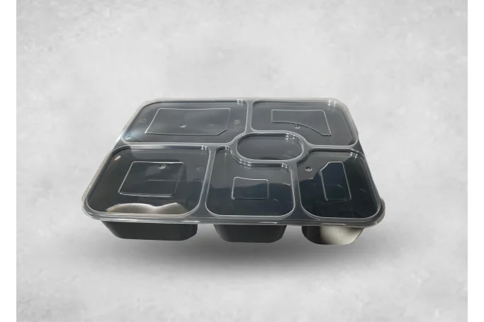 New Tonic 1000ml Black Plastic Microwaveable 6-Compartment Food Containers with Lids