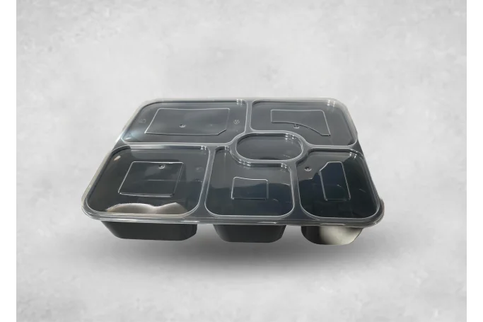 Tonic 1000ml Black Plastic Microwaveable 6 Compartment Food Containers with Lids Qty150