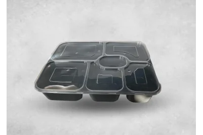 Tonic 1000ml Black Plastic Microwaveable 6 Compartment Food Containers with Lids Qty150