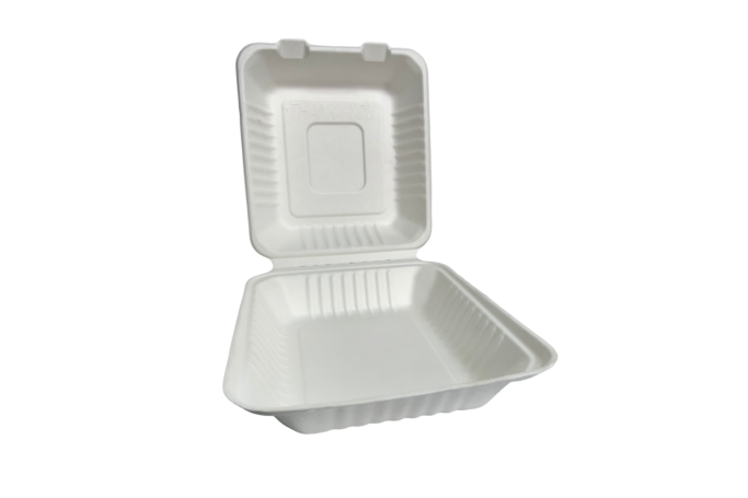 8″ White Bagasse Biodegradable Clamshell JS HL-81 Boxes