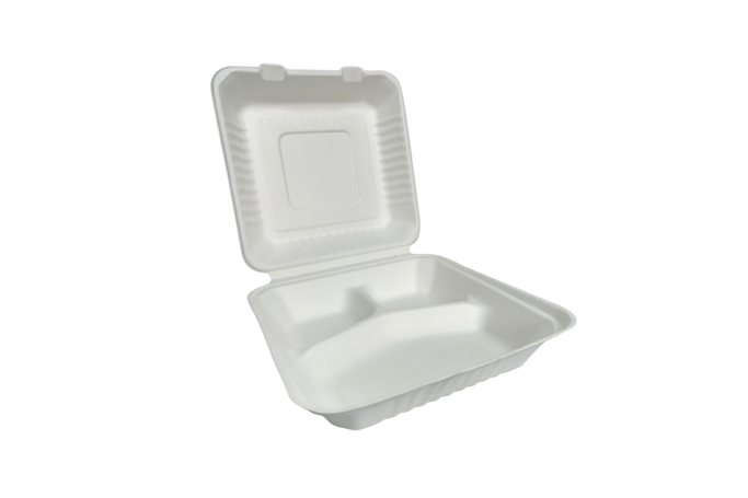 9″ White Bagasse Biodegradable Clamshell 3-Compartment 91013 Boxes