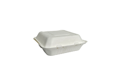 9″ White Bagasse Biodegradable Clamshell 3-Compartment 91013 Boxes