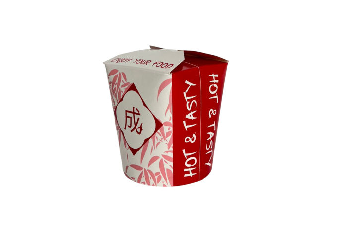 26oz Red/White Cardboard Recyclable Rounded Noodle Boxes