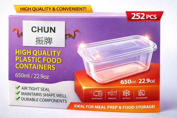 650ml Clear Microwaveable Plastic Rectangular CHUN Containers with Lids