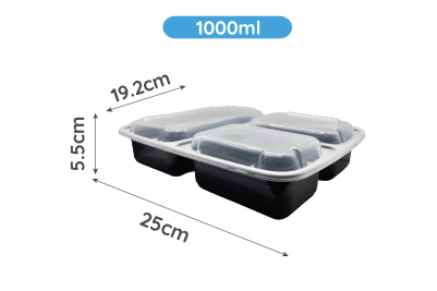 1000ml Black Plastic Microwaveable 3 Compartment Rectangular YQ6888 Containers