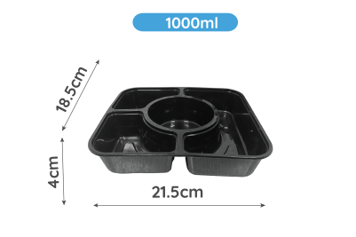 Tonic 1000ml Black Plastic Microwaveable 4 Compartment Food Containers with Lids YQ-375 Qty150