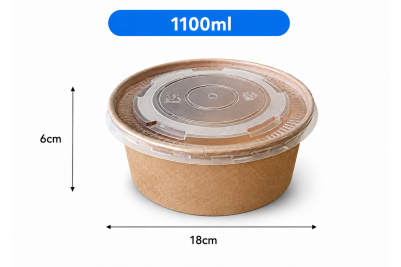 1100ml Brown/Kraft Recyclable Wide Round Soup Bowls with Plastic Lids