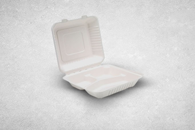 8″ White Bagasse Biodegradable Clamshell 3-Compartment 91016 Boxes