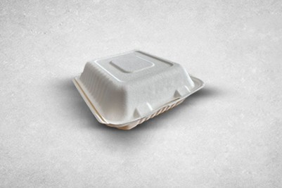 8″ White Bagasse Biodegradable Clamshell 3-Compartment 91016 Boxes